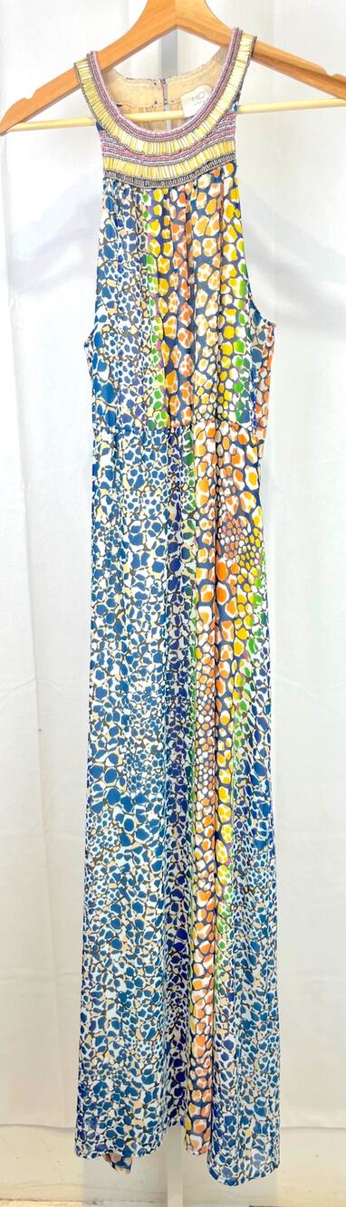 HD in PARIS Anthropologie Mayacamas Dress Beaded Halter Maxi Multi 10 Petite 10P
